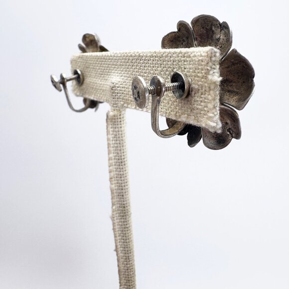 Sterling Silver 925 Turquoise Puffed Flower Screw Back Earrings Size 1" Length - Picture 5 of 13